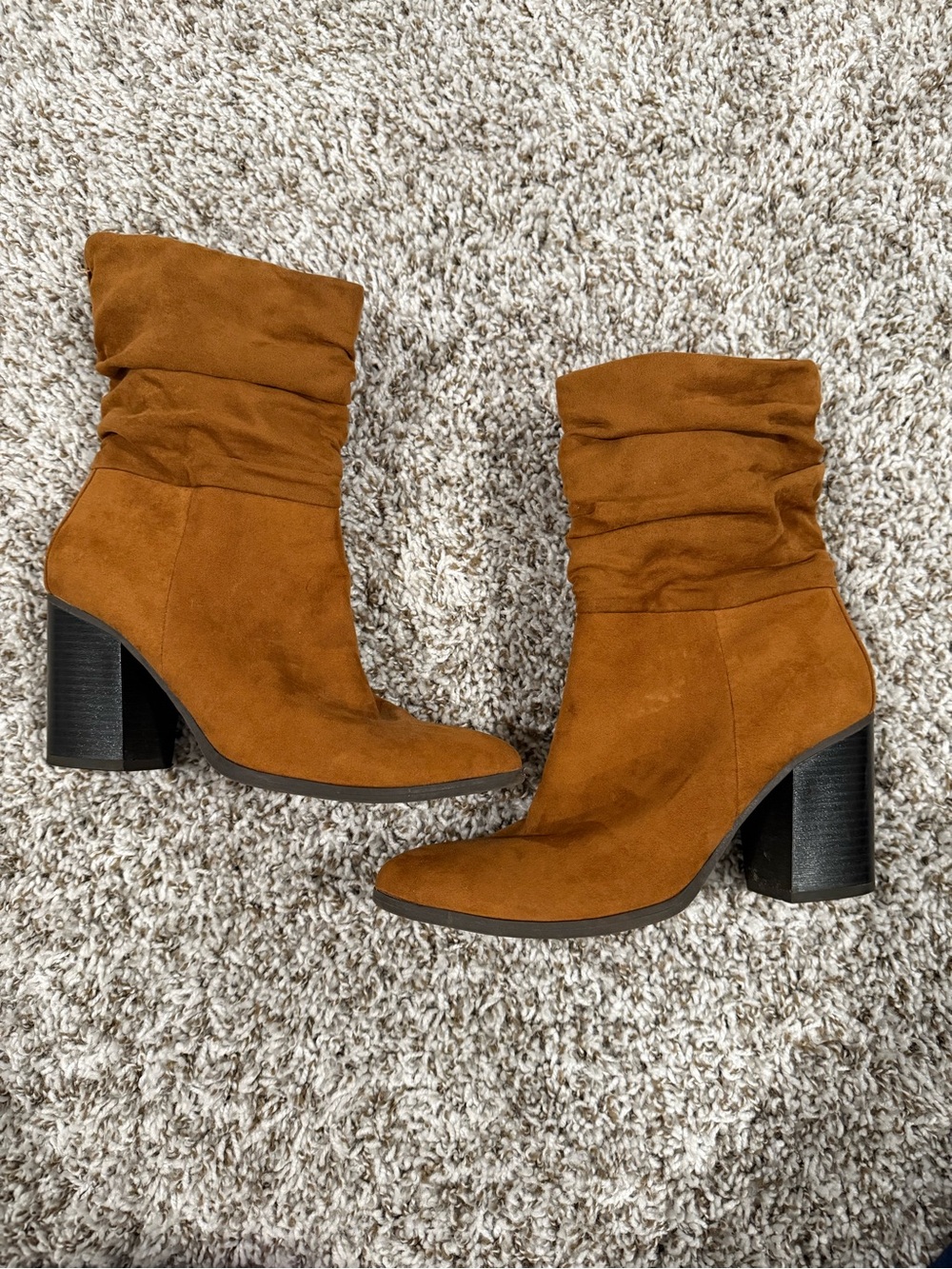Kohl's Women's Suede Slouchy Mid-Calf Block Heel Boots in Cognac Brown